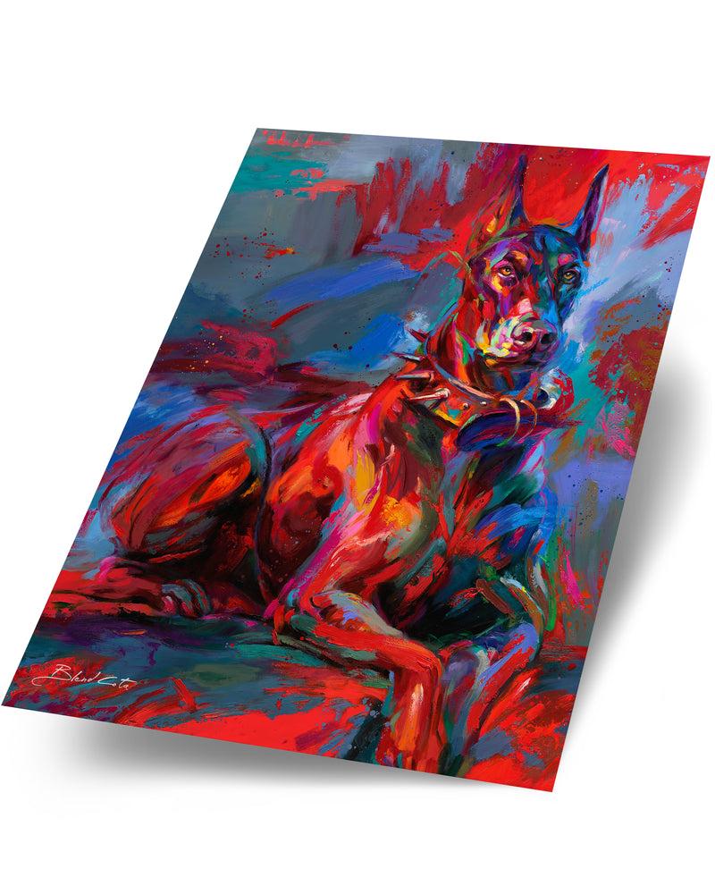 Art print on paper cardstock of the pet Doberman Apollo, a royal breed of dog, tough, brave and affectionate, guarding those he loves, in colorful brushstrokes, color expressionism style.