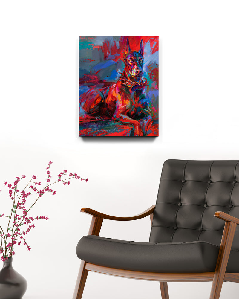 Art print of the pet Doberman Apollo, a royal breed of dog, tough, brave and affectionate, guarding those he loves, in colorful brushstrokes, color expressionism style in a room setting.