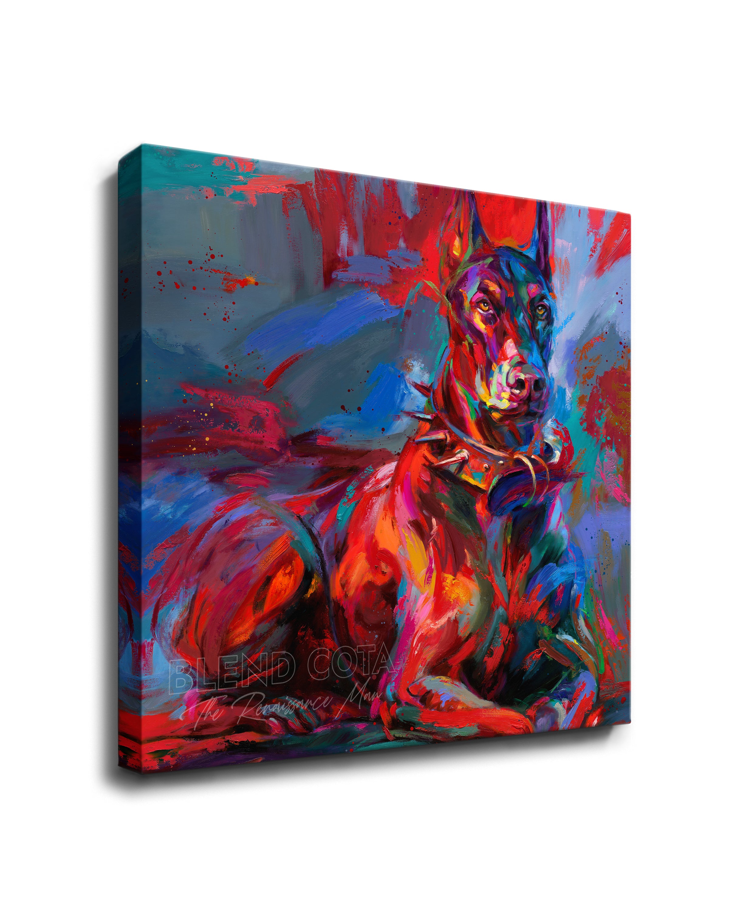 
                  
                    Square format gallery wrapped art print on canvas of the pet Doberman Apollo, a royal breed of dog, tough, brave and affectionate, guarding those he loves, in colorful brushstrokes, color expressionism style.
                  
                