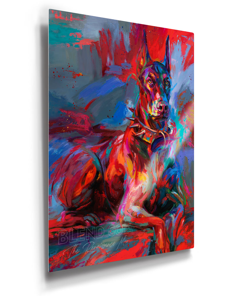 Limited edition print on metal of the pet Doberman Apollo, a royal breed of dog, tough, brave and affectionate, guarding those he loves, in colorful brushstrokes, color expressionism style.