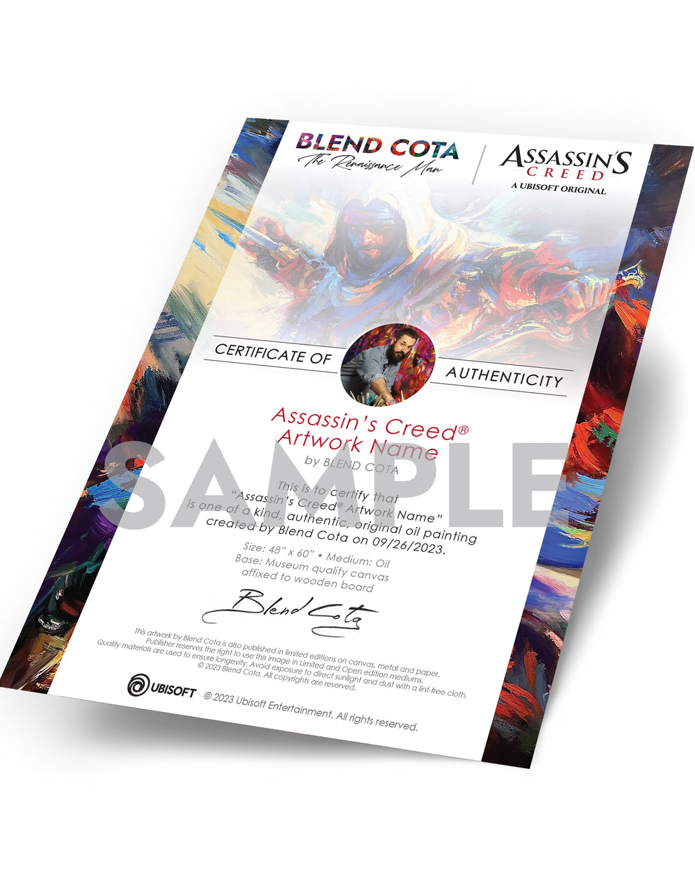 Sample of an Ubisoft and Blend Cota Studios original artwork certificate of authenticity.