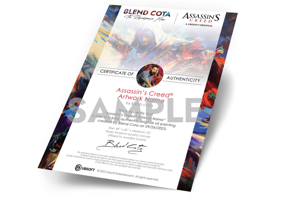 Sample of an Ubisoft and Blend Cota Studios original artwork certificate of authenticity.