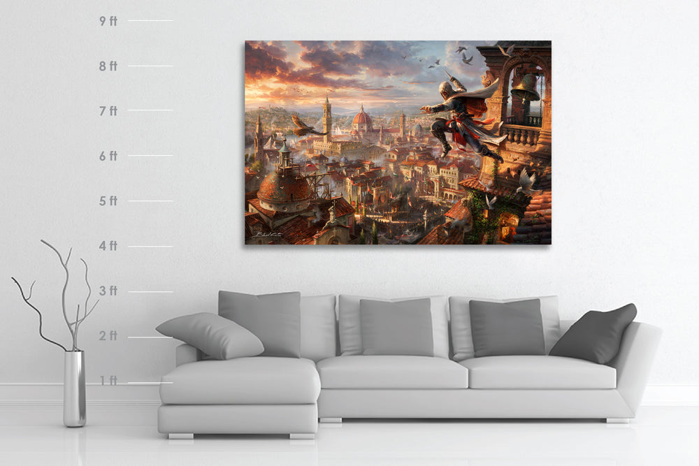 Original oil on canvas painting of Assassin's Creed Florence and Ezio Auditore meticulously designed and painted with intricate details in a realistic style with scale dimensions.
