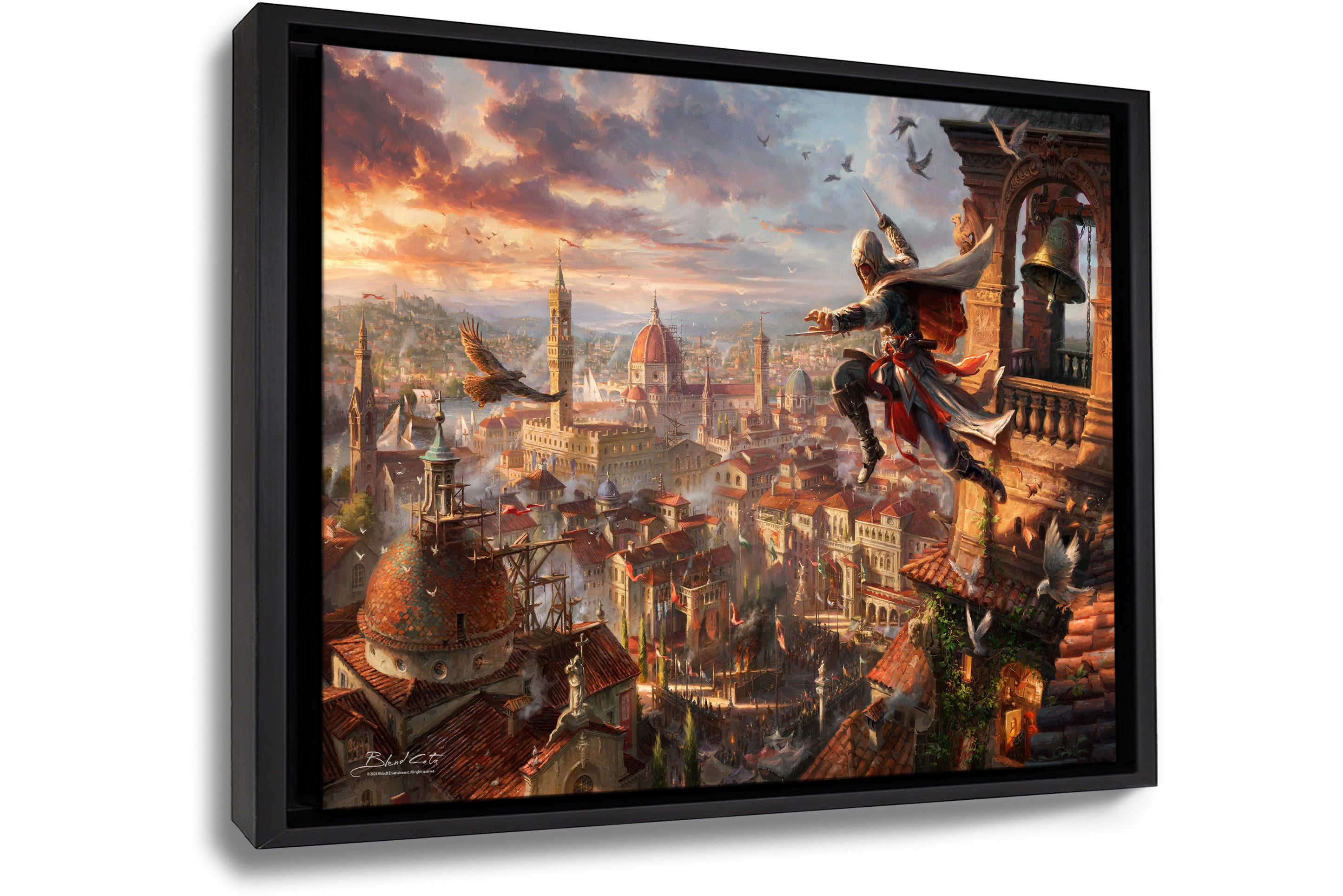 
                  
                    Framed art print on canvas of Assassin's Creed Florence and Ezio Auditore meticulously designed and painted with intricate details in a realistic style.
                  
                