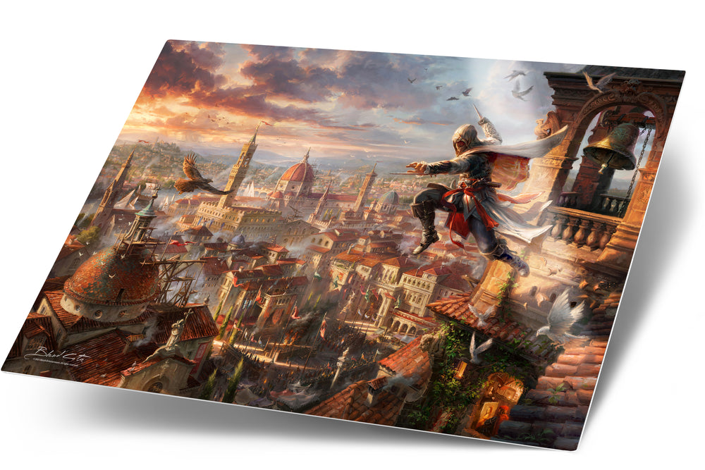 
                  
                    Glossy art print on metal of Assassin's Creed Florence and Ezio Auditore meticulously designed and painted with intricate details in a realistic style.
                  
                
