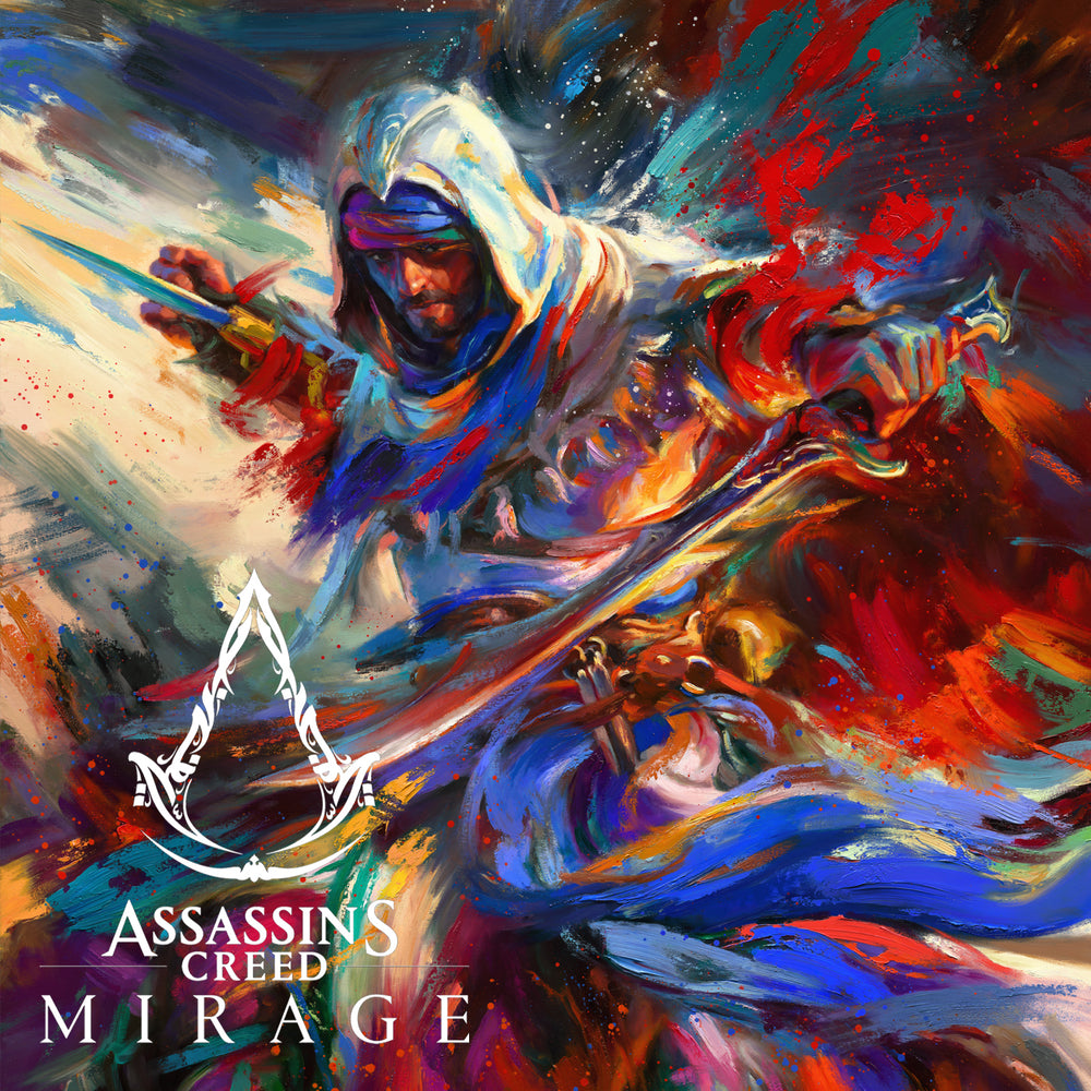 Limited edition artwork on canvas for sale to buy of Assassin's Creed Basim of Mirage bursting forth with energy and painted with colorful brushstrokes in an expressionistic style.