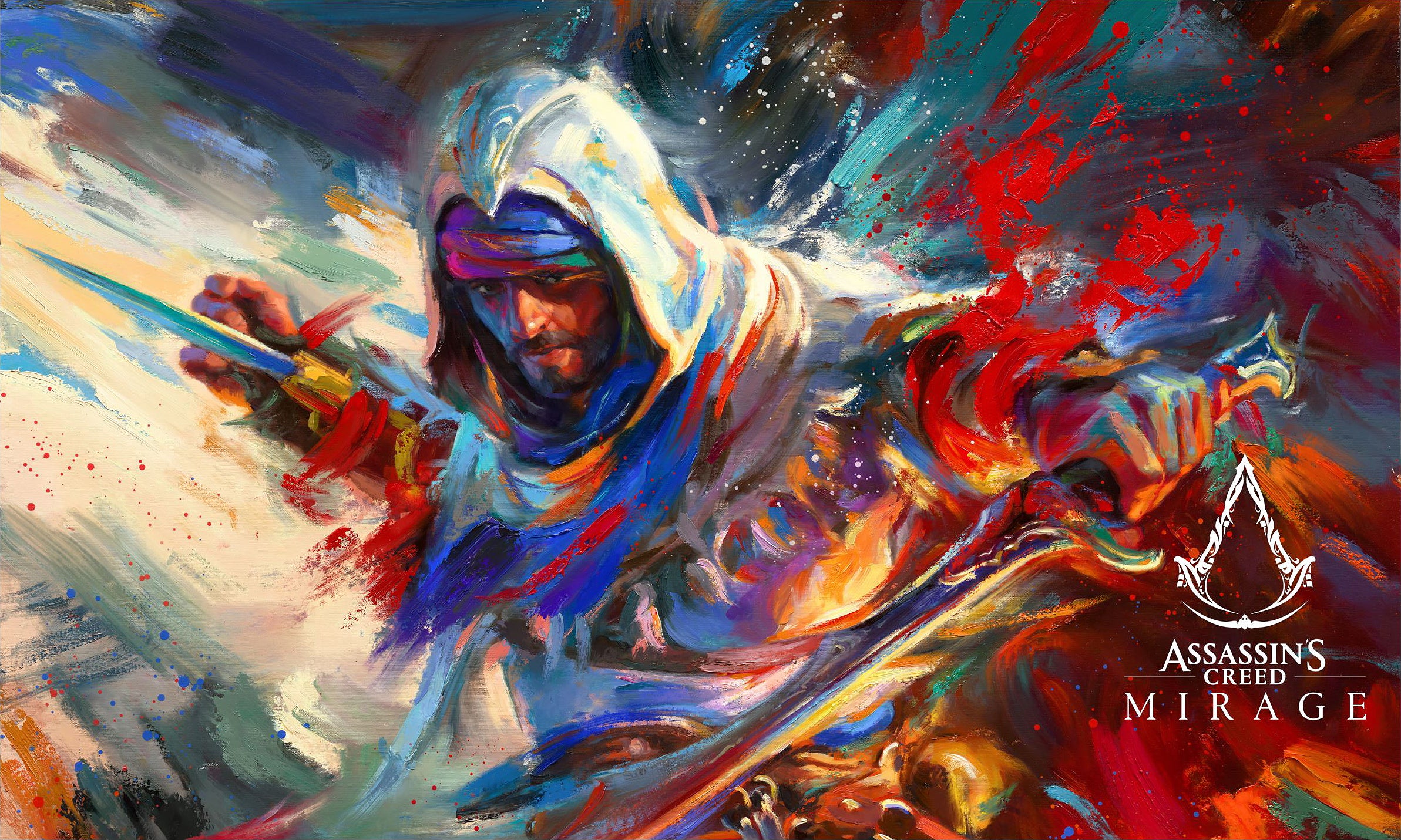 Limited edition artwork on canvas for sale to buy of Assassin's Creed Basim of Mirage bursting forth with energy and painted with colorful brushstrokes in an expressionistic style.