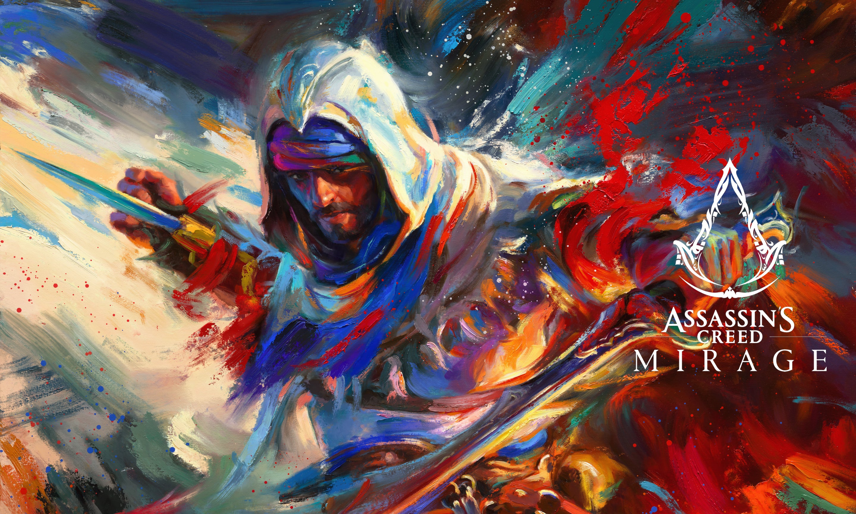 Limited edition artwork on canvas of Assassin's Creed Basim of Mirage bursting forth with energy and painted with colorful brushstrokes in an expressionistic style.