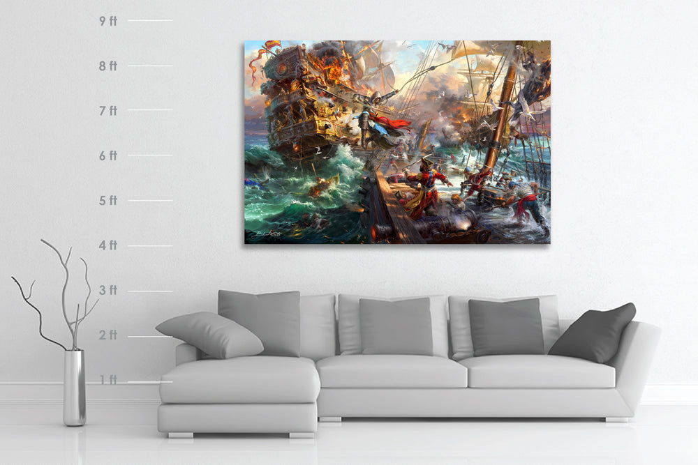 Framed original oil on canvas painting of Assassin's Creed Black Flag and Edward Kenway meticulously designed and painted with intricate details in a realistic style with scale dimensions.