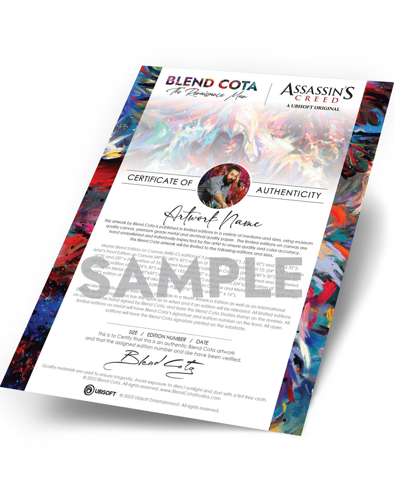 
                  
                    Sample of an Ubisoft and Blend Cota Studios limited edition on metal certificate of authenticity
                  
                