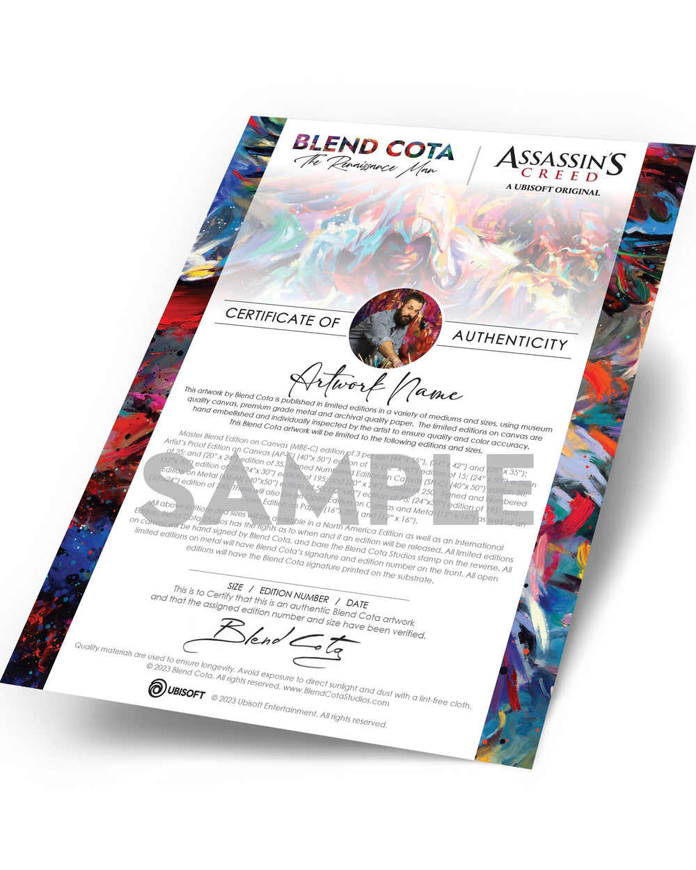 Sample of an Ubisoft and Blend Cota Studios Limited Edition certificate of authenticity.