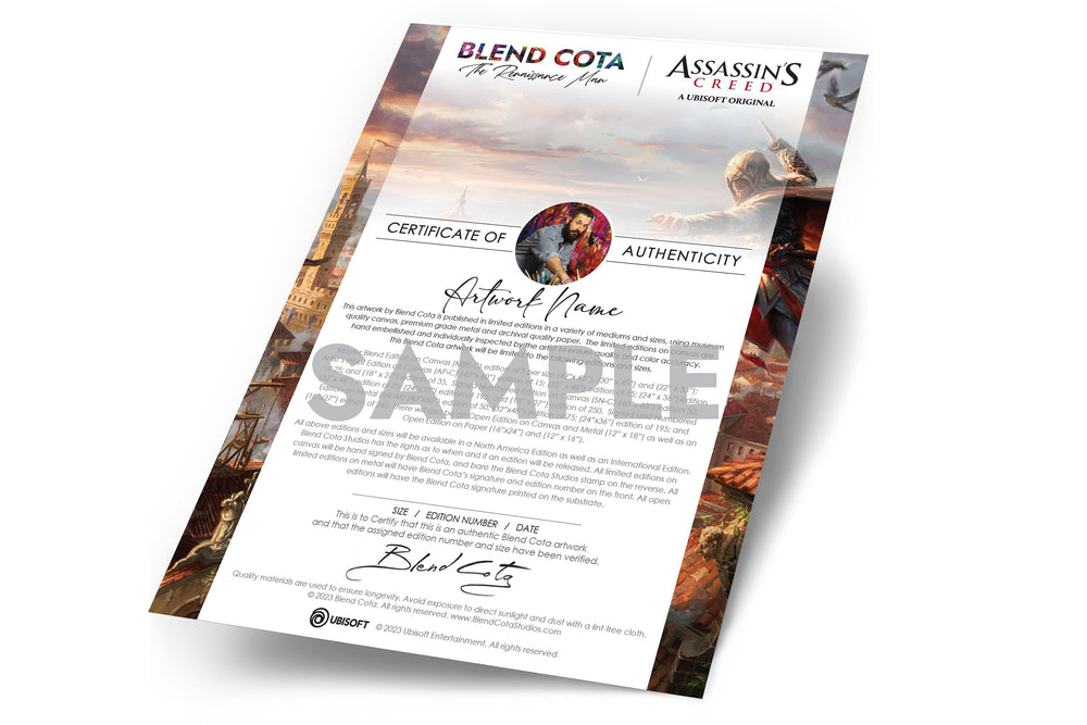 Sample of an Ubisoft and Blend Cota Studios certificate of authenticity for limited edition prints.