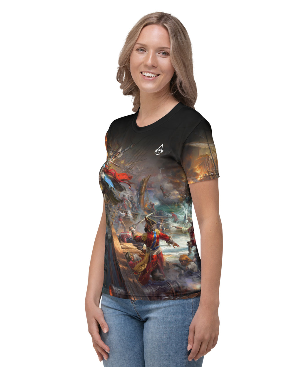 Model wearing Assassin's Creed IV Black Flag and Edward Kenway fighting on ships Jackdaw and Morrigan, Blackbeard on board in Caribbean seas on a fresh fit women's t-shirt.