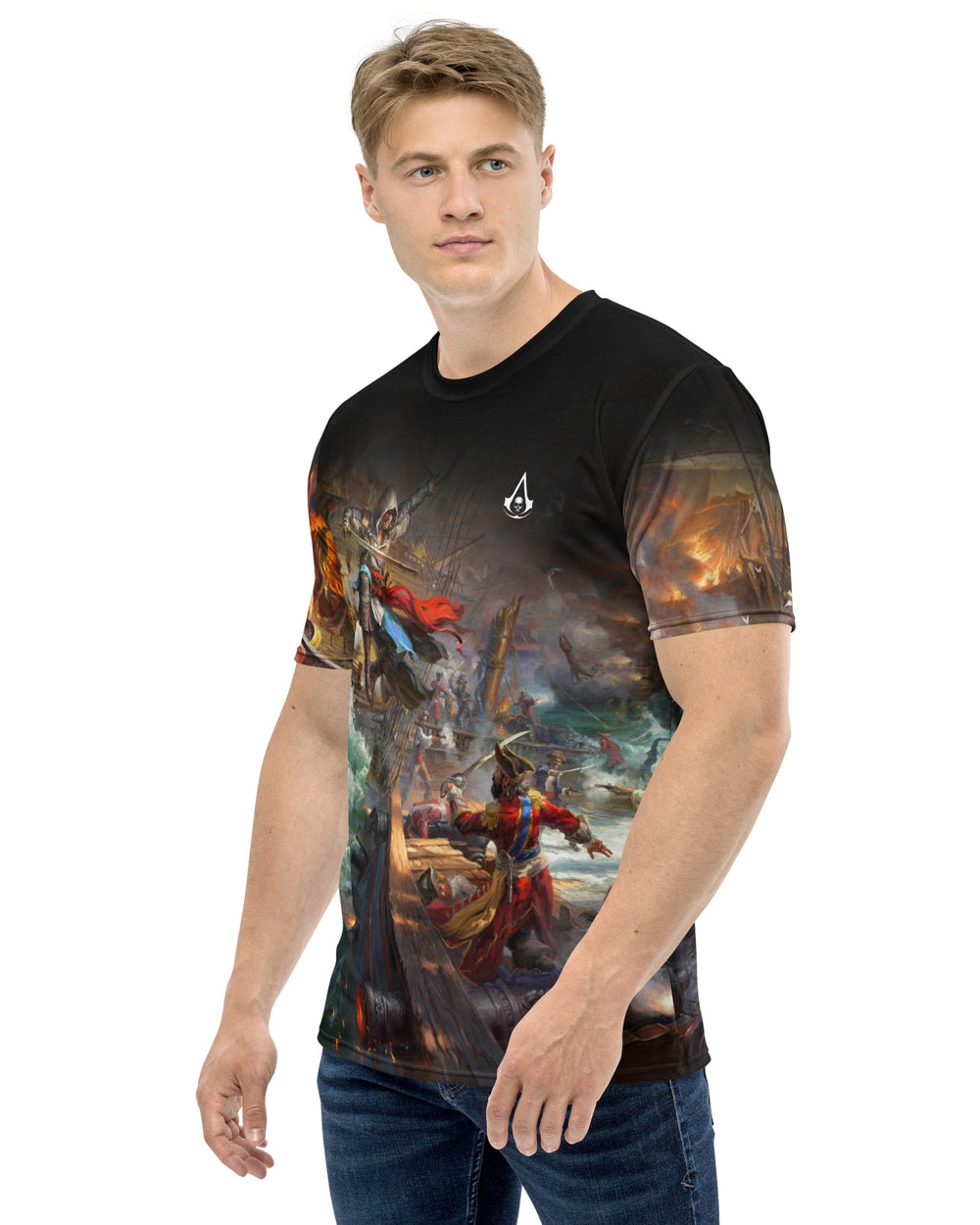 Model wearing Assassin's Creed IV Black Flag and Edward Kenway fighting on ships Jackdaw and Morrigan, Blackbeard on board in Caribbean seas on a fresh fit men's t-shirt.
