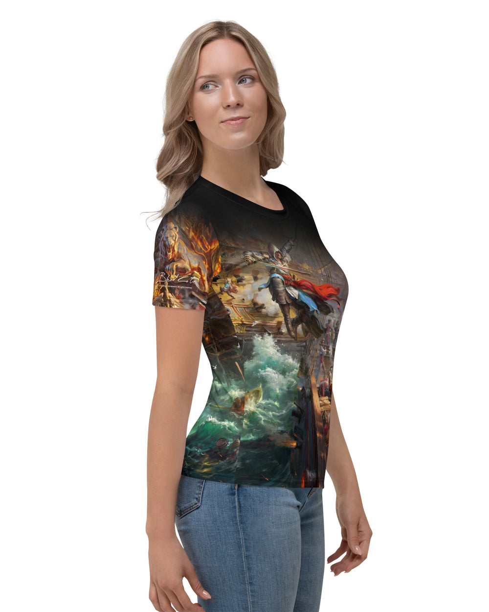 Model wearing Assassin's Creed IV Black Flag and Edward Kenway fighting on ships Jackdaw and Morrigan, Blackbeard on board in Caribbean seas on a fresh fit women's t-shirt.