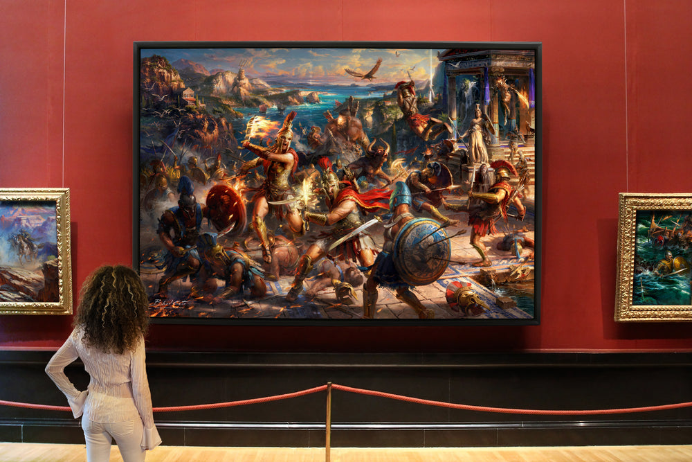 A battle of mythological creatures and Spartan warriors,  from Ubisoft's Assassin's Creed Odyssey with Kassandra and Alexios fighting by a temple in this painting in a black frame pictured in an art gallery room setting.
