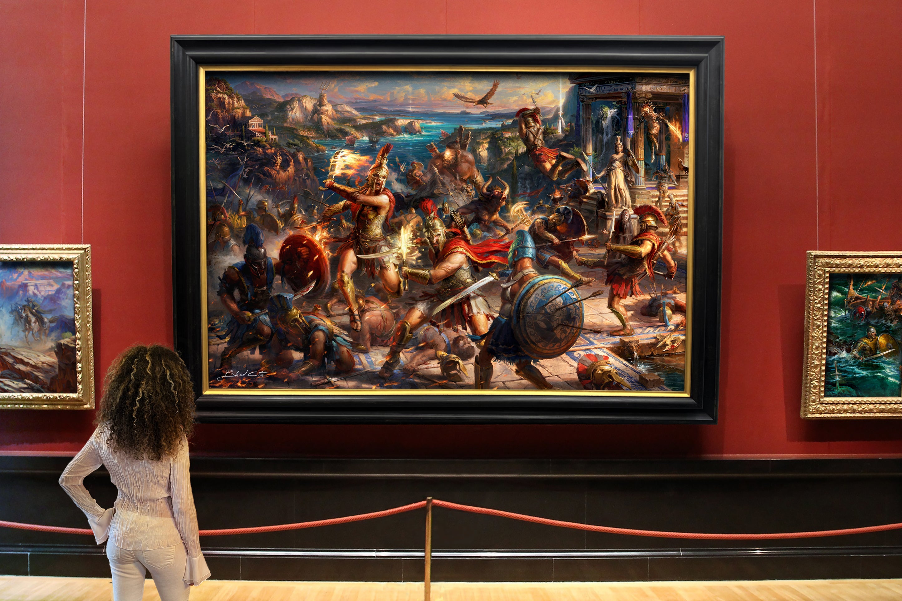 A battle of mythological creatures and Spartan warriors,  from Ubisoft's Assassin's Creed Odyssey with Kassandra and Alexios fighting by a temple in this original oil on canvas painting in a black and gold frame, pictured in an art gallery room setting.