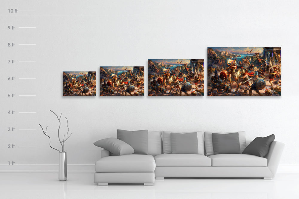 A battle of mythological creatures and Spartan warriors,  from Ubisoft's Assassin's Creed Odyssey with Kassandra and Alexios fighting by a temple in this limited edition painting printed on metal pictured in a room with scale size reference.