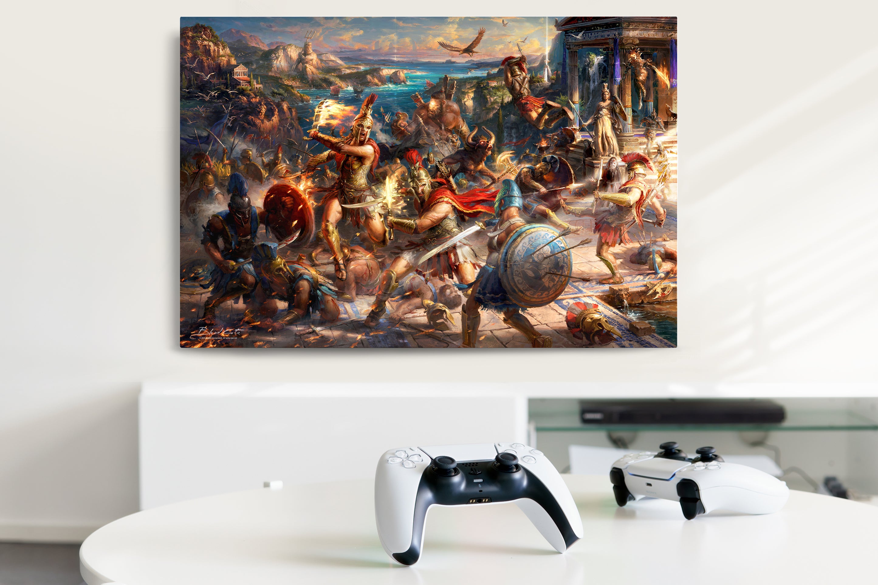 A battle of mythological creatures and Spartan warriors,  from Ubisoft's Assassin's Creed Odyssey with Kassandra and Alexios fighting by a temple in this limited edition painting printed on metal pictured in a room setting with sunlight shining.