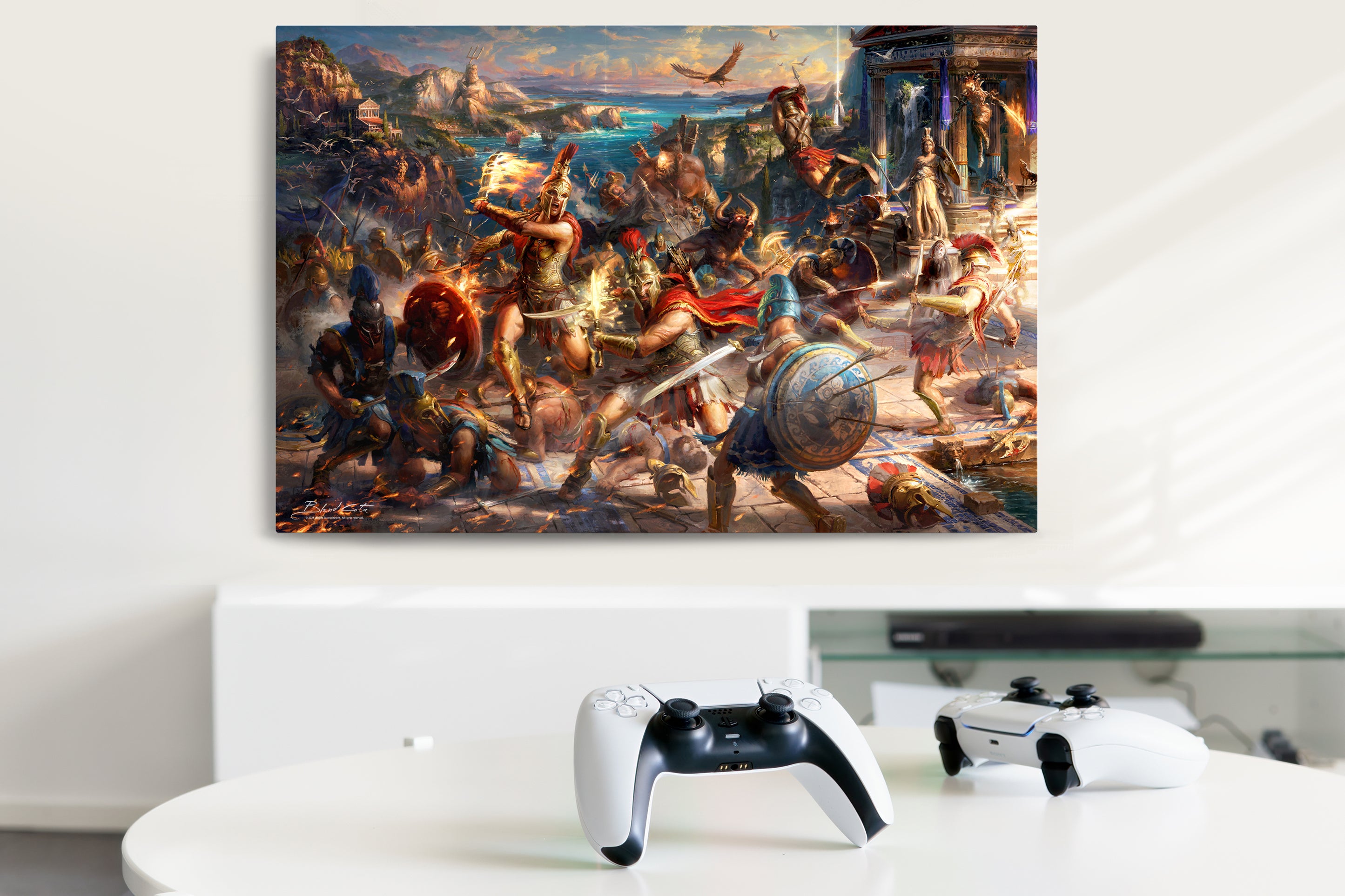 
                  
                    A battle of mythological creatures and Spartan warriors,  from Ubisoft's Assassin's Creed Odyssey with Kassandra and Alexios fighting by a temple in this limited edition painting printed on metal pictured in a room setting with sunlight shining.
                  
                