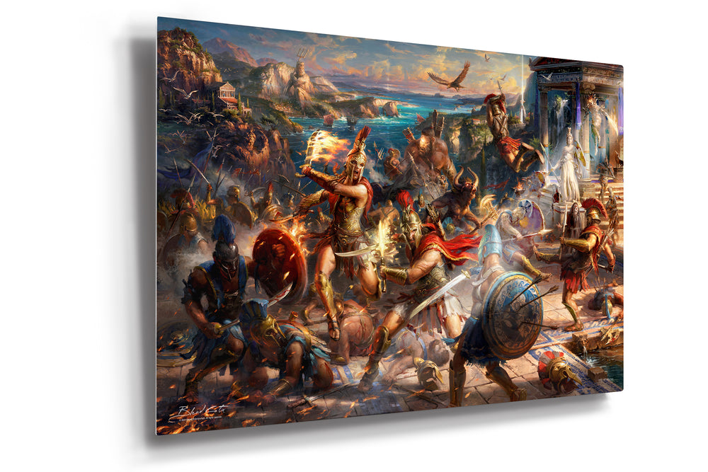 A battle of mythological creatures and Spartan warriors,  from Ubisoft's Assassin's Creed Odyssey with Kassandra and Alexios fighting by a temple in this limited edition painting printed on metal.
