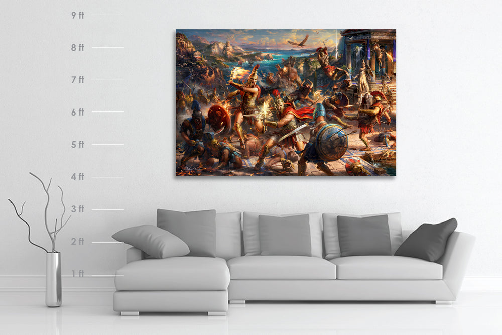 
                  
                    A battle of mythological creatures and Spartan warriors,  from Ubisoft's Assassin's Creed Odyssey with Kassandra and Alexios fighting by a temple in this original oil on canvas painting, pictured in a room with scale size reference.
                  
                