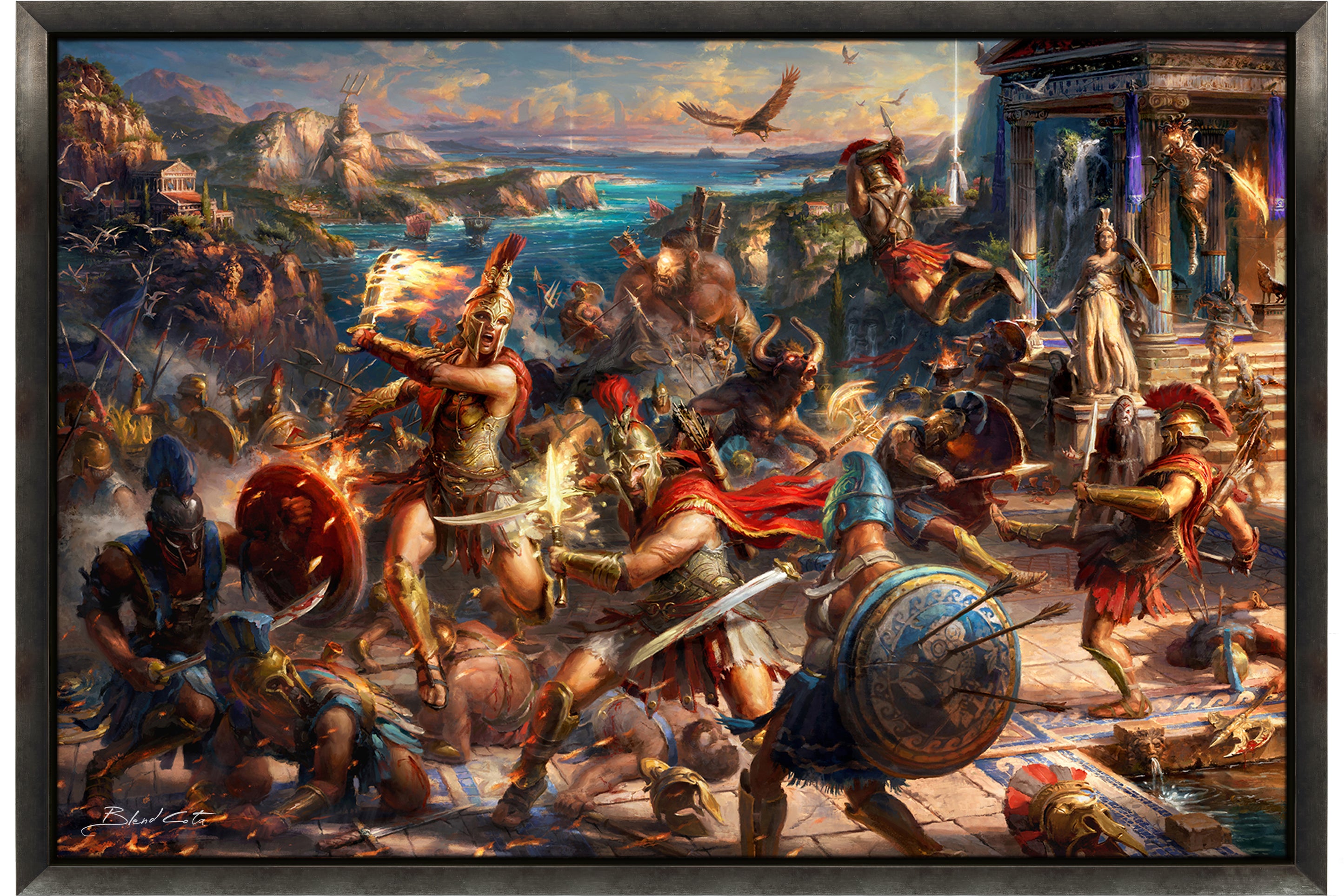 A battle of mythological creatures and Spartan warriors,  from Ubisoft's Assassin's Creed Odyssey with Kassandra and Alexios fighting by a temple in this original oil painting on canvas, pictured in a pewter dull burnished metallic frame.