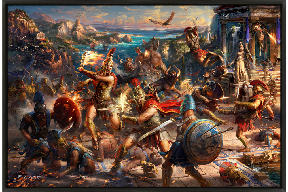 A battle of mythological creatures and Spartan warriors,  from Ubisoft's Assassin's Creed Odyssey with Kassandra and Alexios fighting by a temple in this painting in a black frame.