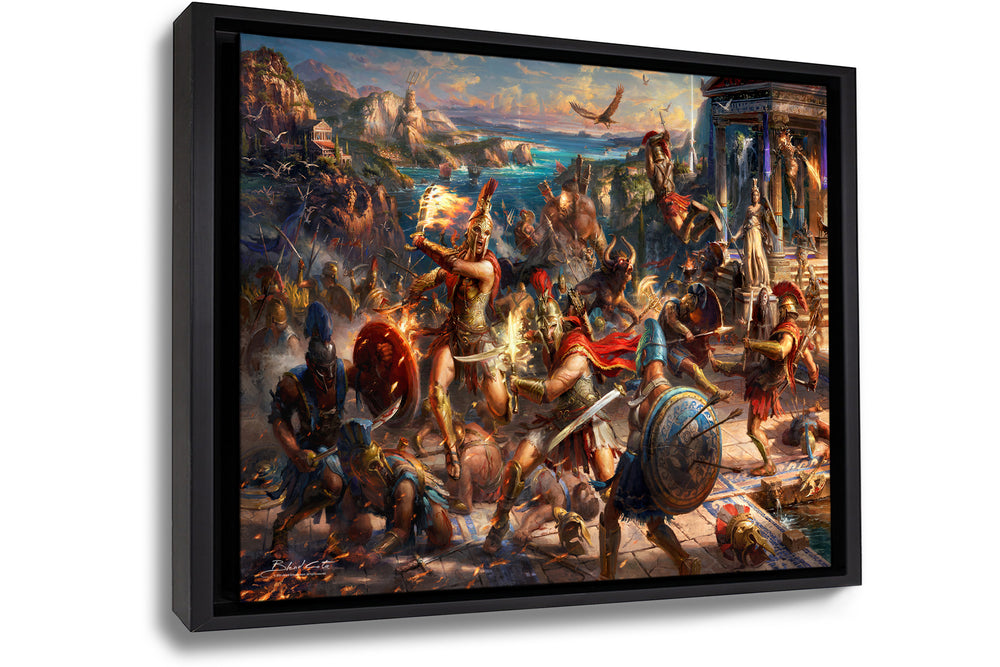 
                  
                    A battle of mythological creatures and Spartan warriors,  from Ubisoft's Assassin's Creed Odyssey with Kassandra and Alexios fighting by a temple in this painting printed on canvas in a black frame.
                  
                