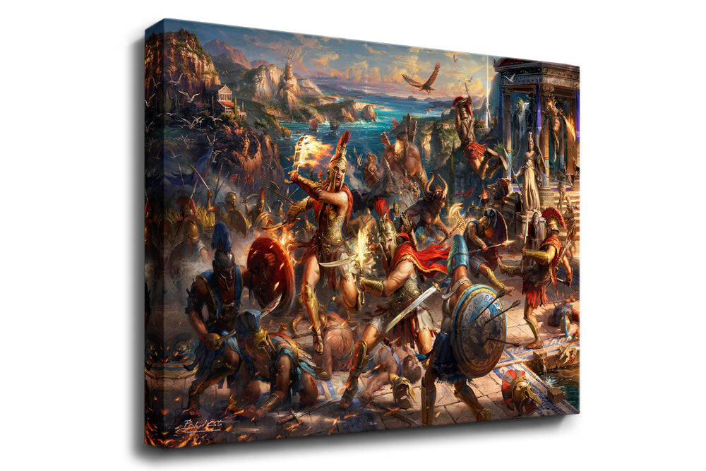 
                  
                    A battle of mythological creatures and Spartan warriors,  from Ubisoft's Assassin's Creed Odyssey with Kassandra and Alexios fighting by a temple in this painting printed on gallery wrapped canvas. 
                  
                