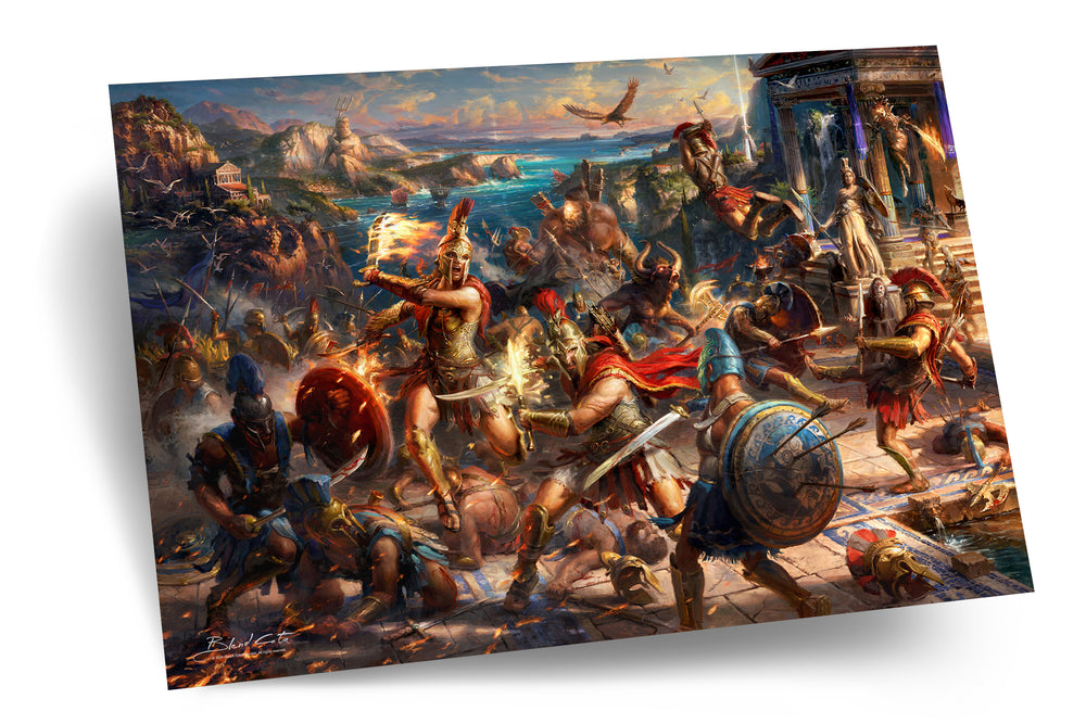 
                  
                    A battle of mythological creatures and Spartan warriors,  from Ubisoft's Assassin's Creed Odyssey with Kassandra and Alexios fighting by a temple in this painting printed on cardstock artist quality paper.
                  
                