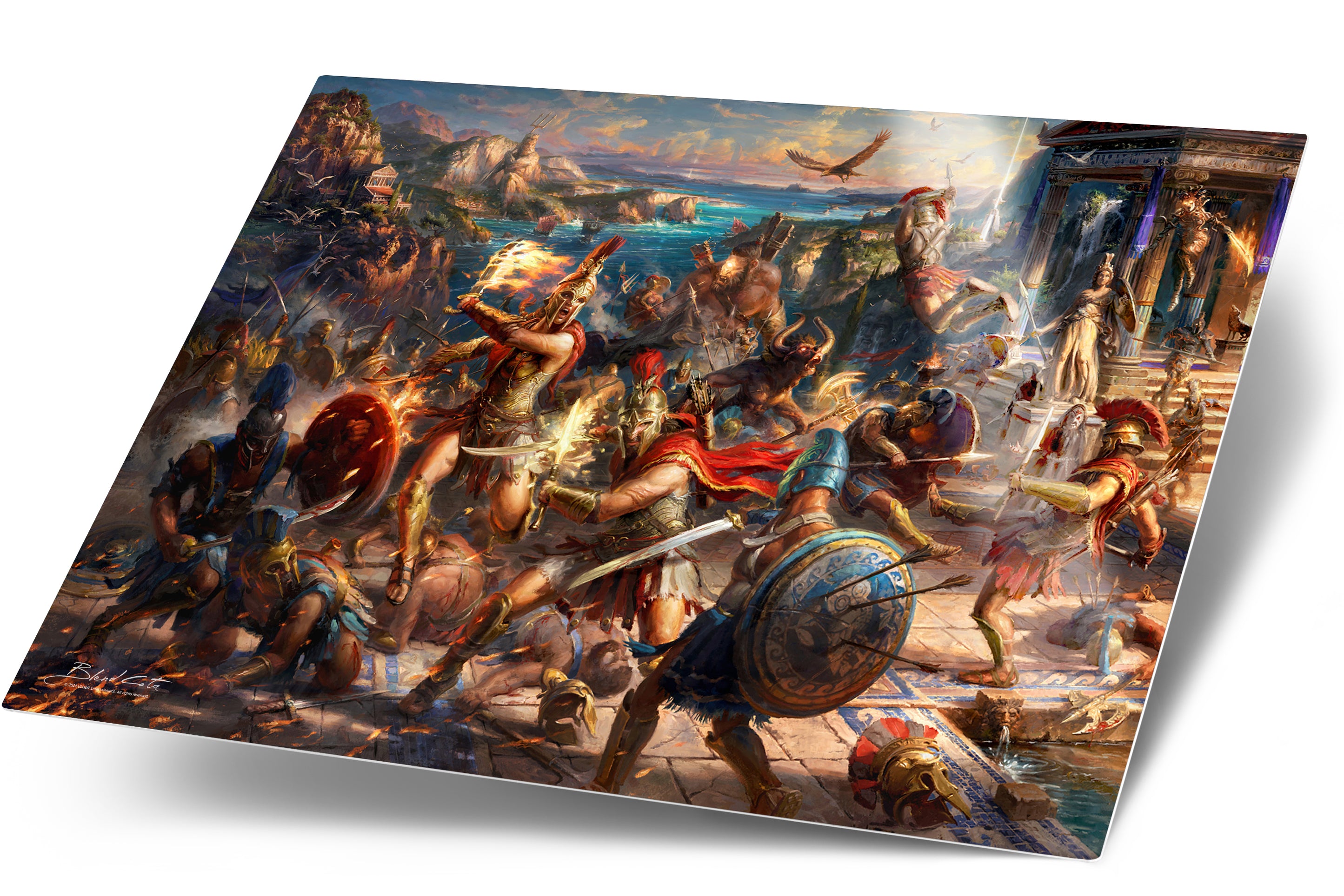 
                  
                    A battle of mythological creatures and Spartan warriors,  from Ubisoft's Assassin's Creed Odyssey with Kassandra and Alexios fighting by a temple in this painting printed on metal.
                  
                