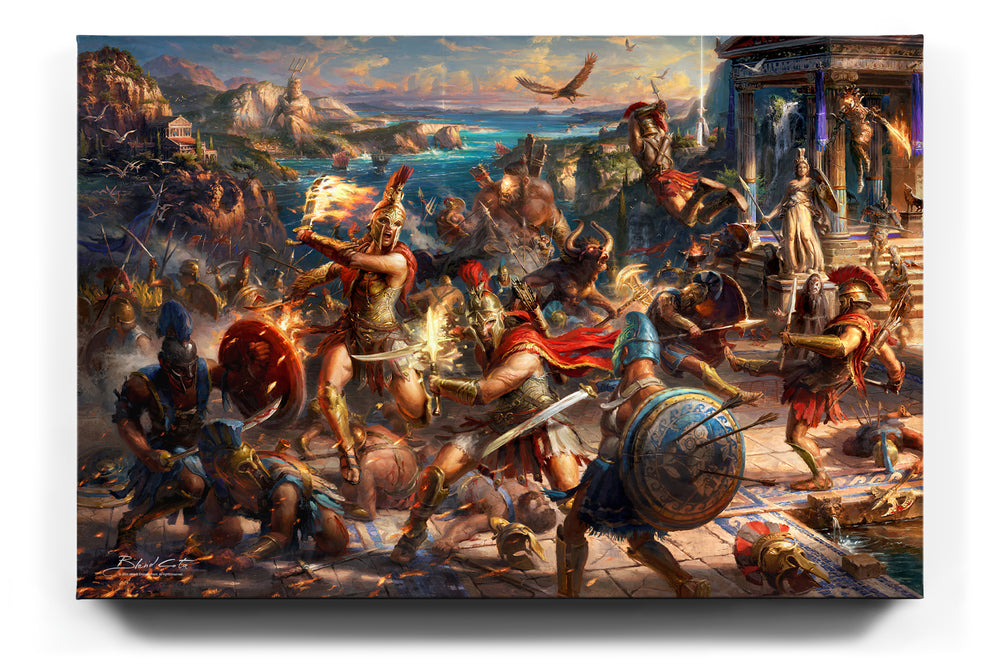 
                  
                    A battle of mythological creatures and Spartan warriors,  from Ubisoft's Assassin's Creed Odyssey with Kassandra and Alexios fighting by a temple in this painting in a gallery wrapped canvas.
                  
                