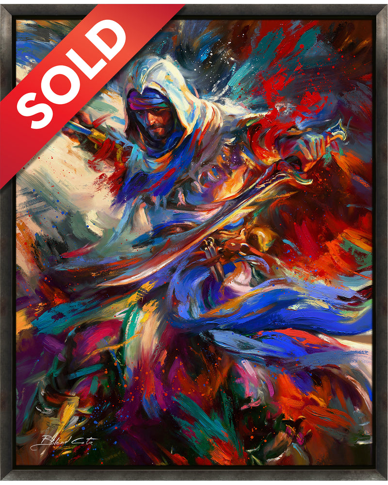 Original oil painting on canvas of Assassin's Creed Basim of Mirage bursting forth with energy and painted with colorful brushstrokes in an expressionistic style.