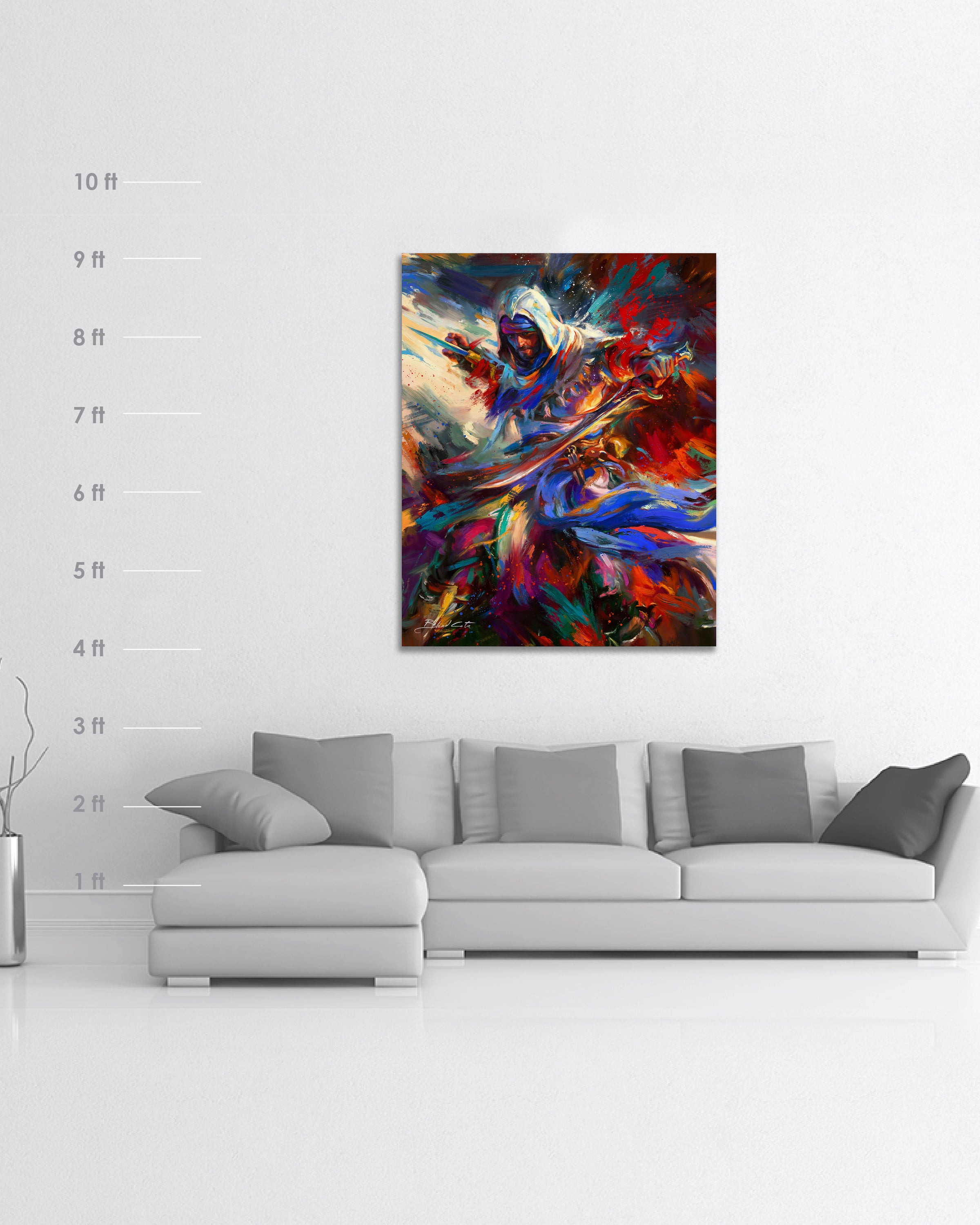 
                  
                    Original oil painting on canvas of Assassin's Creed Basim of Mirage bursting forth with energy and painted with colorful brushstrokes in an expressionistic style in a room setting with dimensions for scale.
                  
                