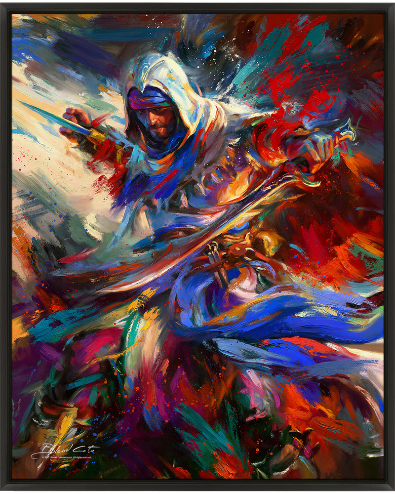Limited edition artwork on canvas of Assassin's Creed Basim of Mirage bursting forth with energy and painted with colorful brushstrokes in an expressionistic style.