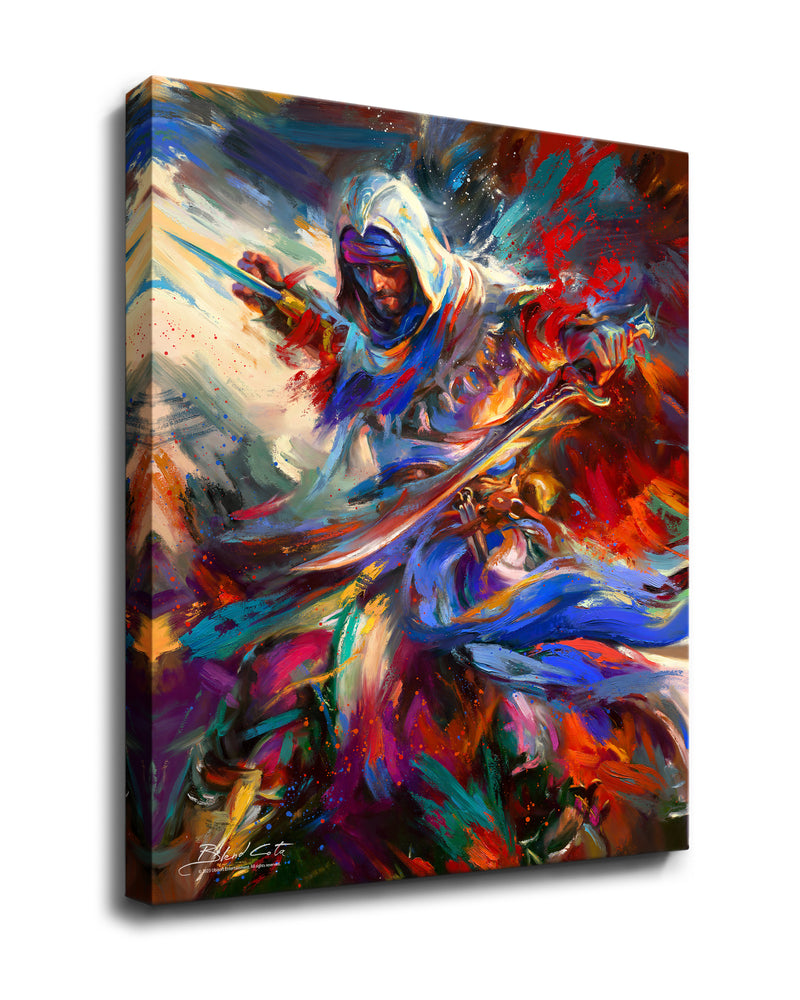 
                  
                    Gallery wrapped art print on canvas of Assassin's Creed Basim of Mirage bursting forth with energy and painted with colorful brushstrokes in an expressionistic style.
                  
                