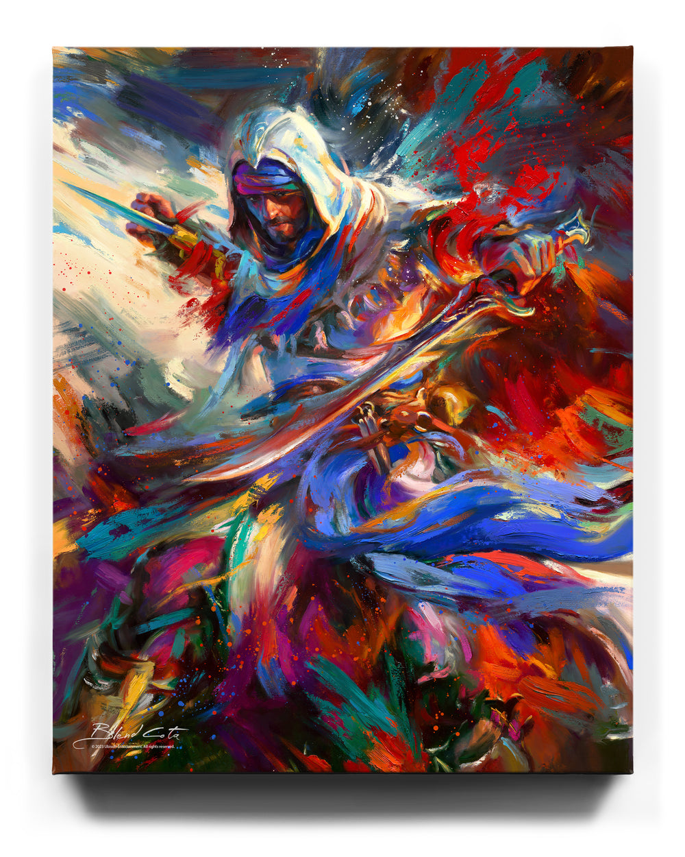 Limited edition artwork on canvas of Assassin's Creed Basim of Mirage bursting forth with energy and painted with colorful brushstrokes in an expressionistic style.