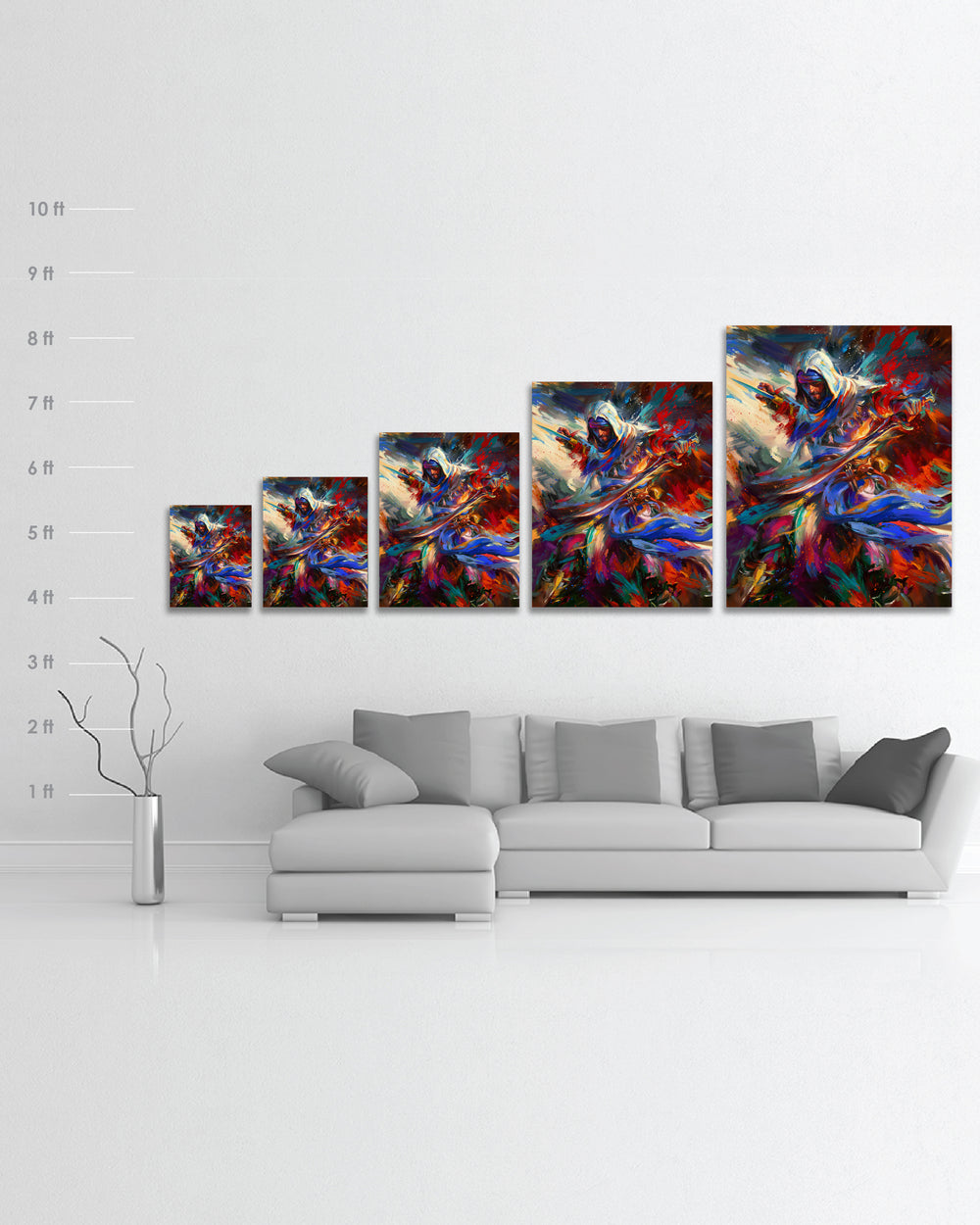 Limited Edition glossy metal print of Assassin's Creed Basim of Mirage bursting forth with energy and painted with colorful brushstrokes in an expressionistic style in a room setting with scale dimensions.