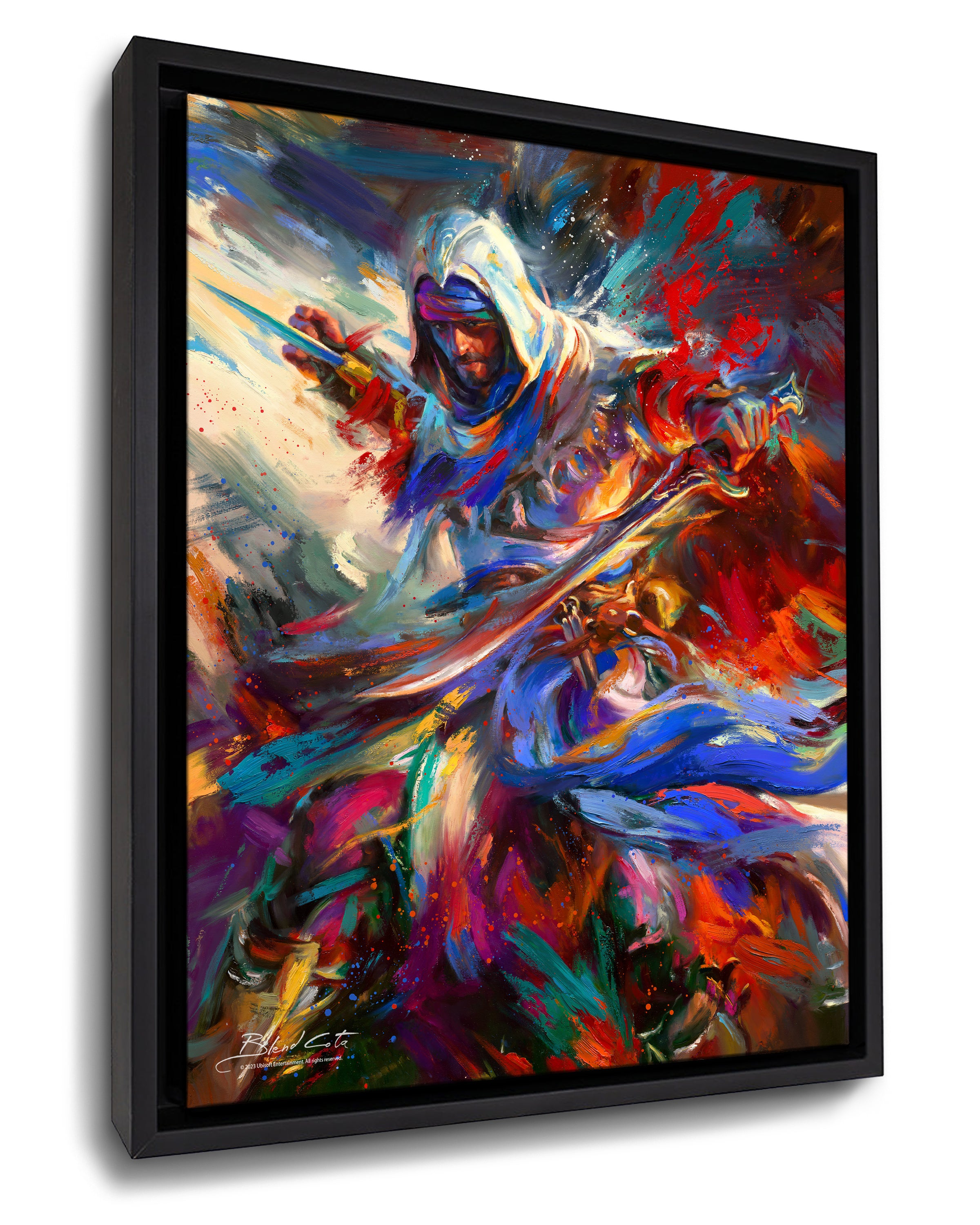 
                  
                    Framed art print on canvas of Assassin's Creed Basim of Mirage bursting forth with energy and painted with colorful brushstrokes in an expressionistic style.
                  
                