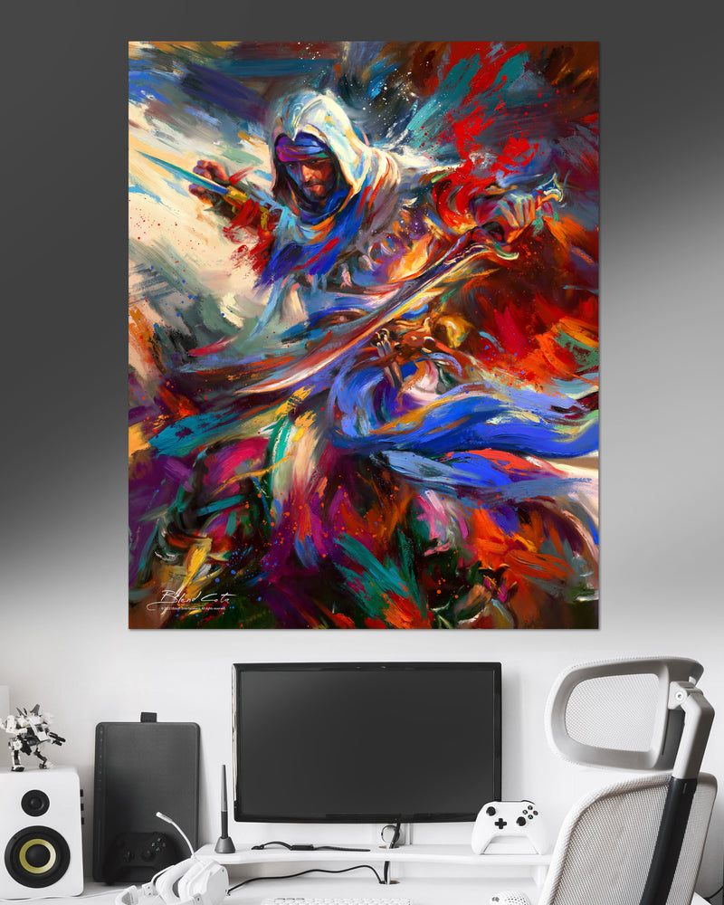 
                  
                    Large format Paper print on cardstock  of Assassin's Creed Basim of Mirage bursting forth with energy and painted with colorful brushstrokes in an expressionistic style.
                  
                