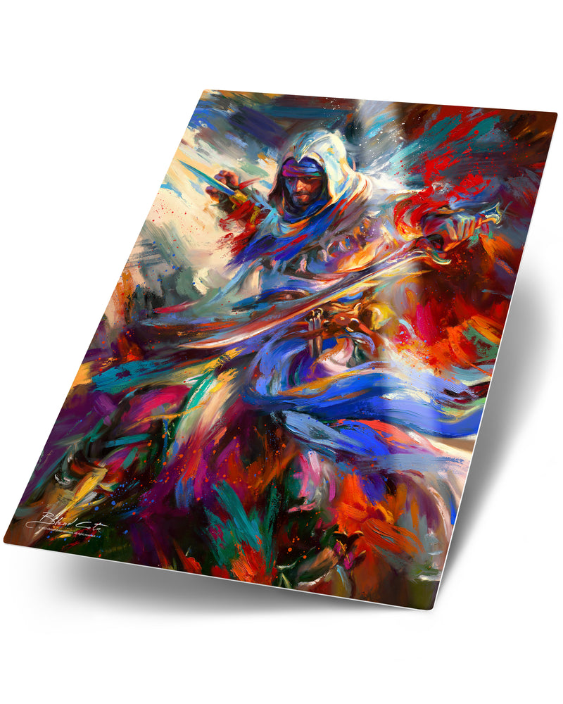 
                  
                    Metal print of the painting on canvas of Assassin's Creed Basim of Mirage bursting forth with energy and painted with colorful brushstrokes in an expressionistic style.
                  
                