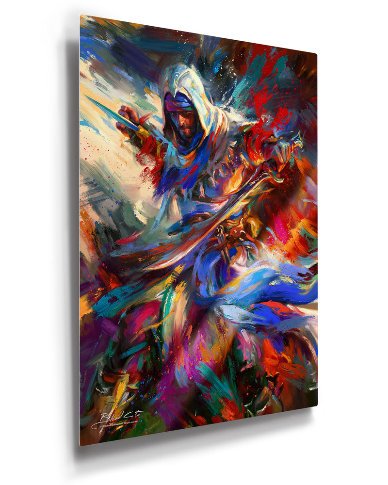 Limited Edition glossy metal print of Assassin's Creed Basim of Mirage bursting forth with energy and painted with colorful brushstrokes in an expressionistic style.