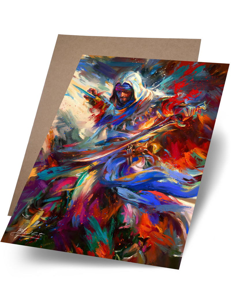 
                  
                    Paper print on cardstock  of Assassin's Creed Basim of Mirage bursting forth with energy and painted with colorful brushstrokes in an expressionistic style.
                  
                