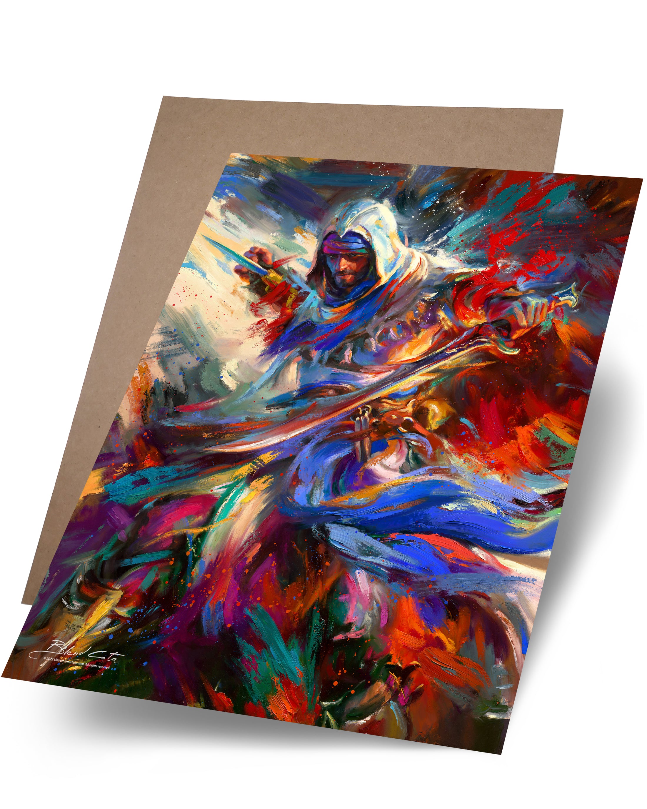 Paper print on cardstock  of Assassin's Creed Basim of Mirage bursting forth with energy and painted with colorful brushstrokes in an expressionistic style.
