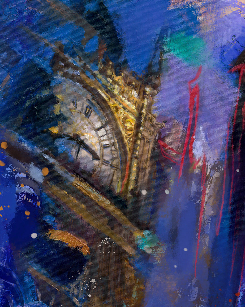 Oil on canvas original painting of Batman, DC Comics Bruce Wayne, watching Gotham city in the night, darkness surrounds him, lit up by red and yellow and all around him blue colorful brushstrokes, color expressionism style detailed close up.
