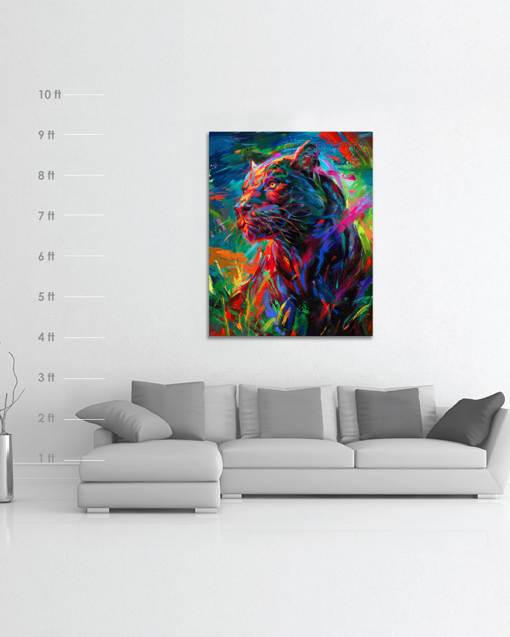 Framed original oil painting on canvas of the black panther stalking its prey through the long night painted with colorful brushstrokes in an expressionistic style in a room setting with scale dimensions.