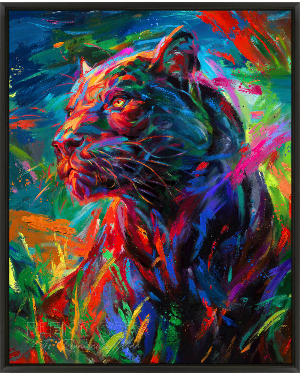 Framed limited edition painting on canvas of the black panther stalking its prey through the long night painted with colorful brushstrokes in an expressionistic style.