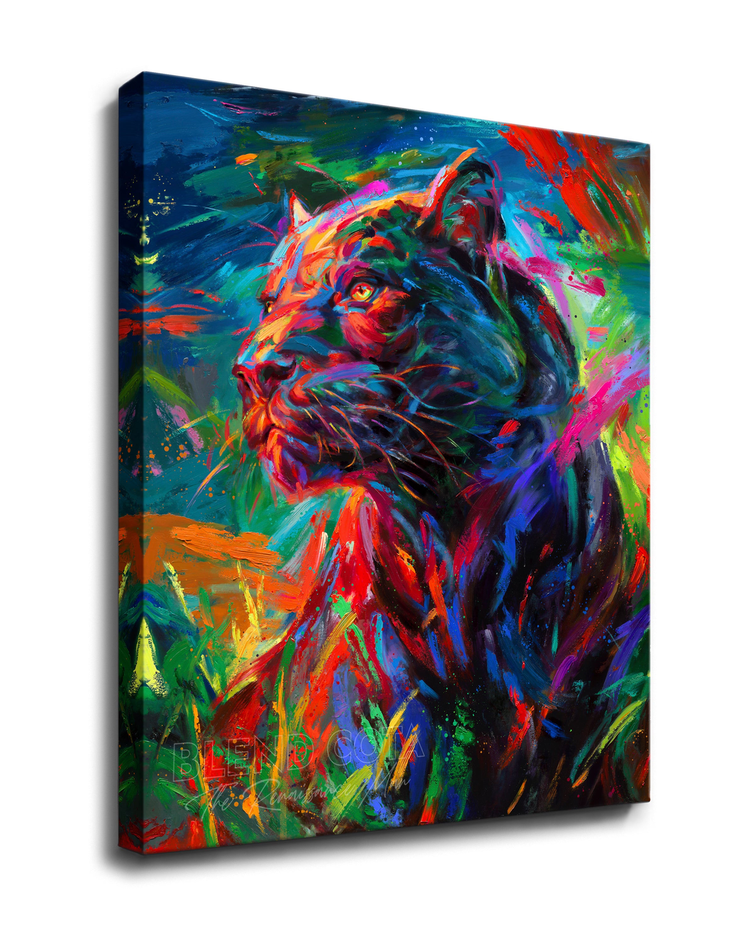 
                  
                    Gallery wrapped art print on canvas of the black panther stalking its prey through the long night painted with colorful brushstrokes in an expressionistic style.
                  
                