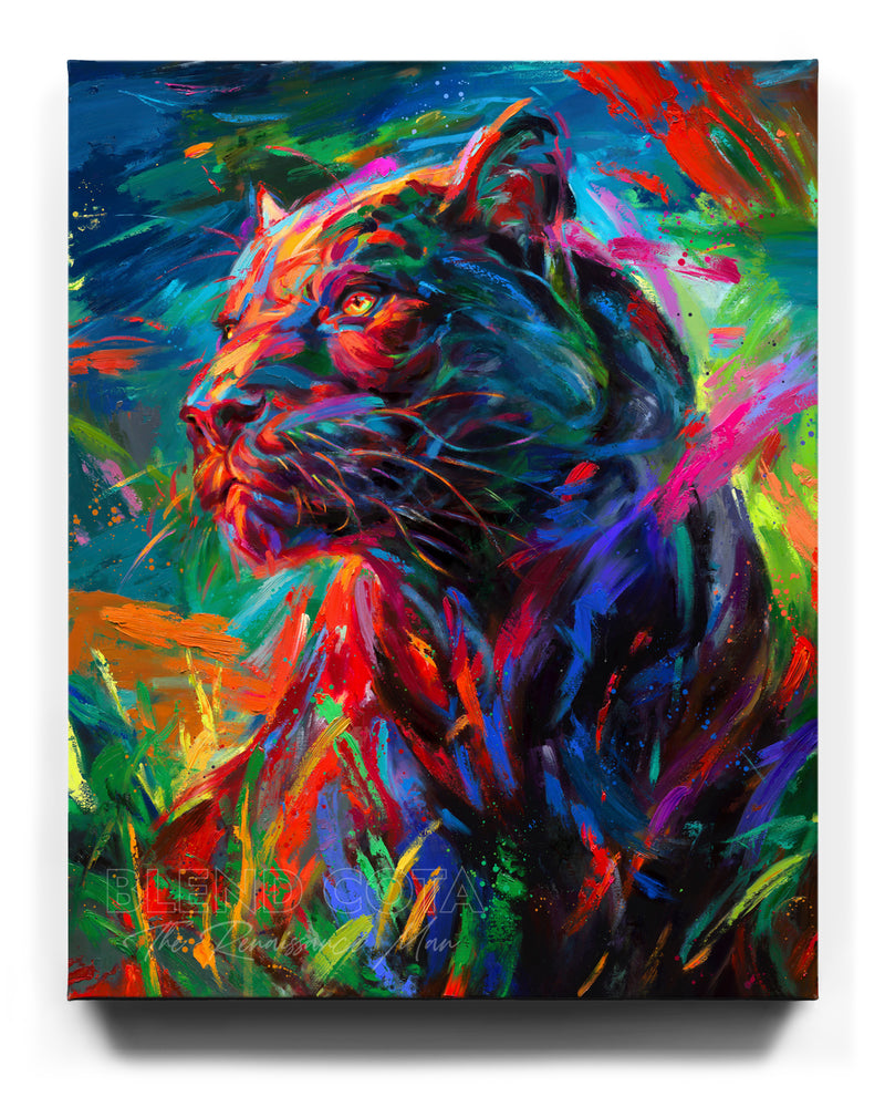 
                  
                    limited edition painting on canvas of the black panther stalking its prey through the long night painted with colorful brushstrokes in an expressionistic style.
                  
                